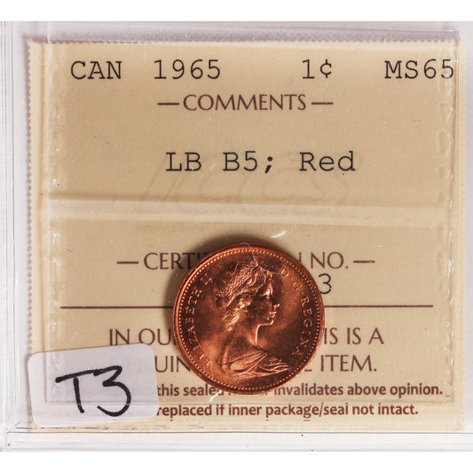 1965 LgBds Bl 5 (Type 3) Canada 1-cent ICCS Certified MS-65 Red