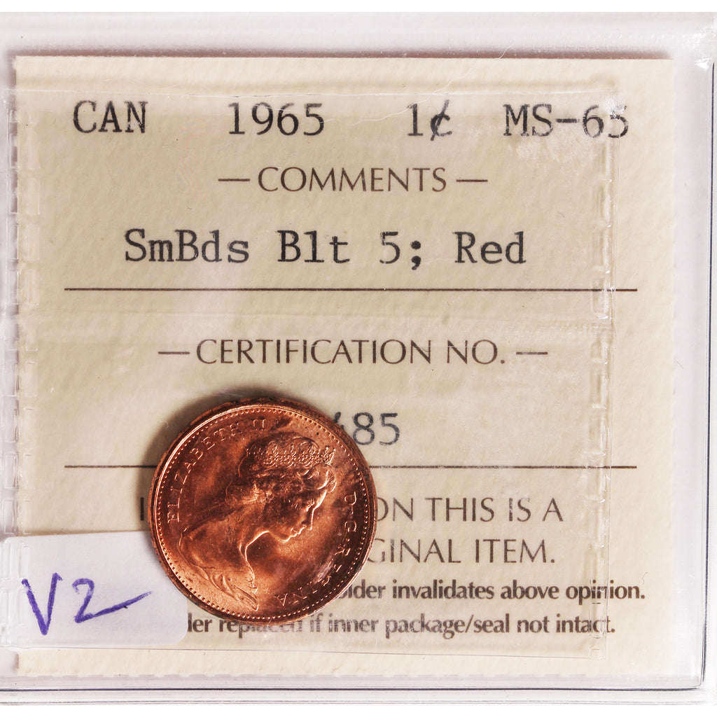 1965 SmBds Blt 5 (Type 2) Canada 1-cent ICCS Certified MS-65 Red