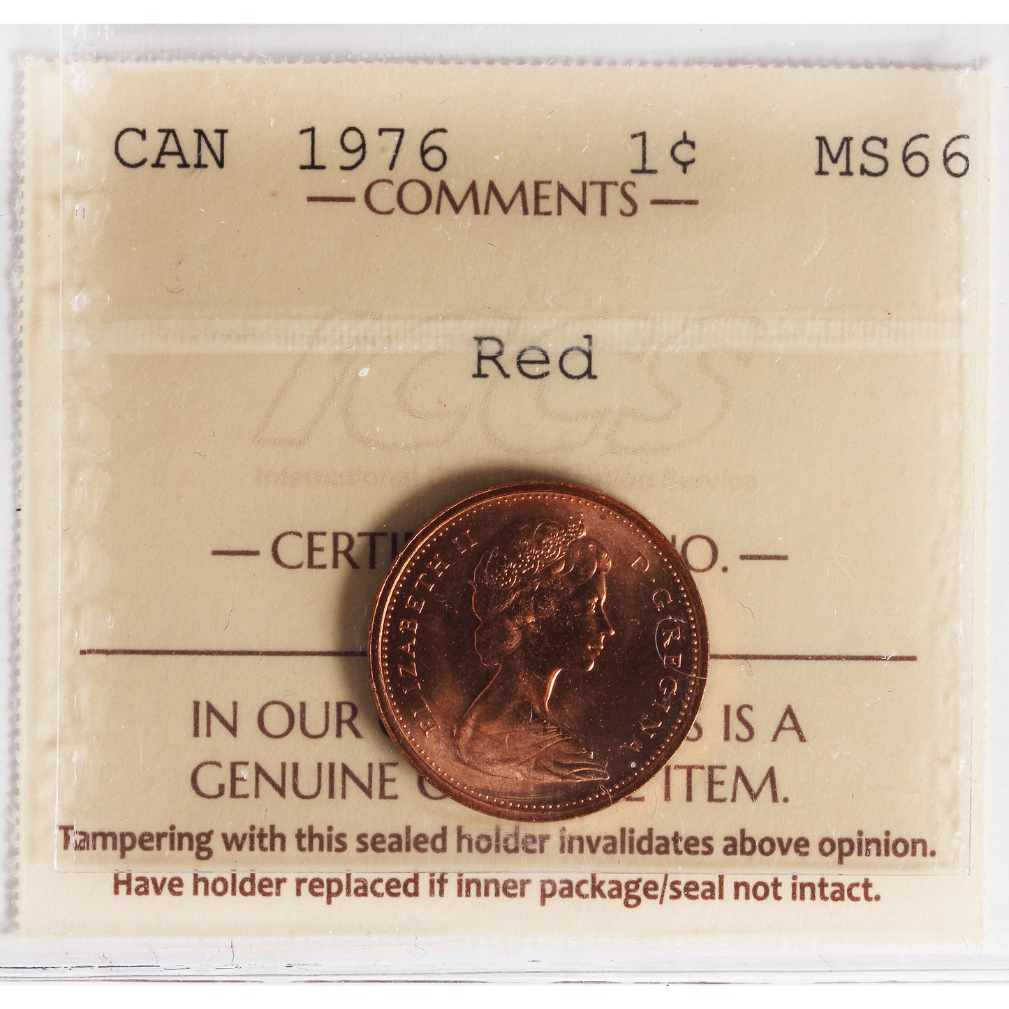 1976 Canada 1-cent ICCS Certified MS-66 Red