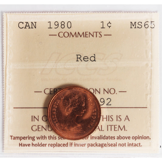 1980 Canada 1-cent ICCS Certified MS-65 Red