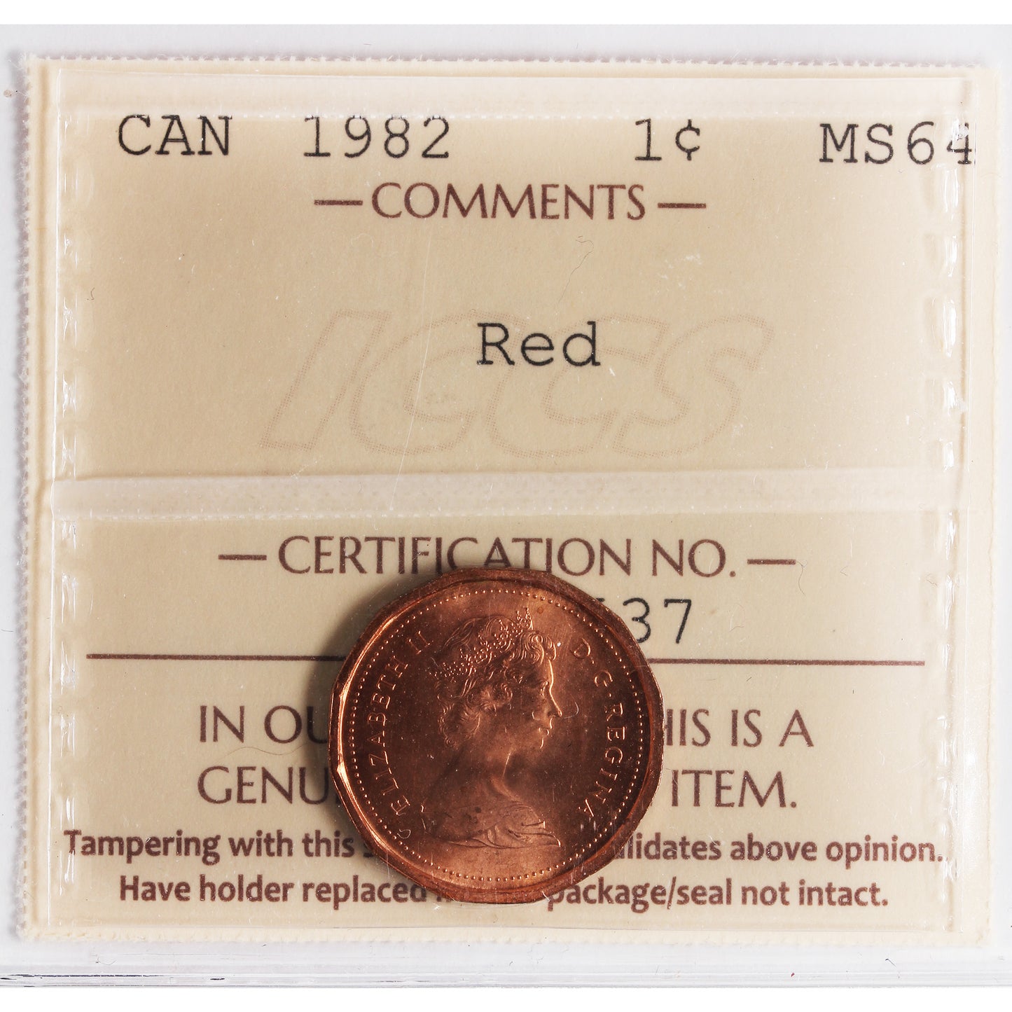 1982 Canada 1-cent ICCS Certified MS-64 Red