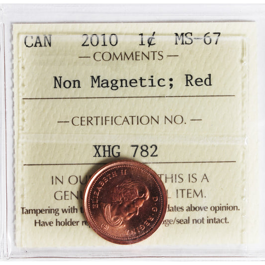 2010 Non Magnetic Canada 1-cent ICCS Certified MS-67 Red