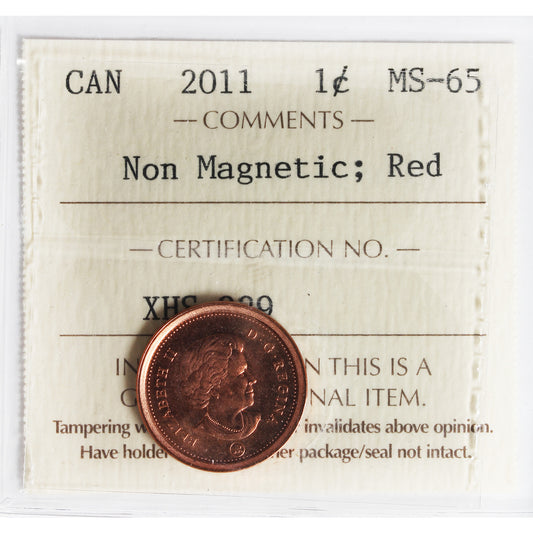 2011 Non Magnetic Canada 1-cent ICCS Certified MS-65 Red