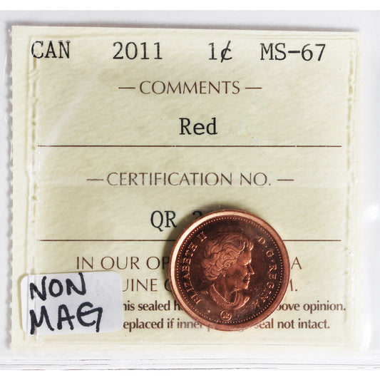 2011 Non Magnetic Canada 1-cent ICCS Certified MS-67 Red