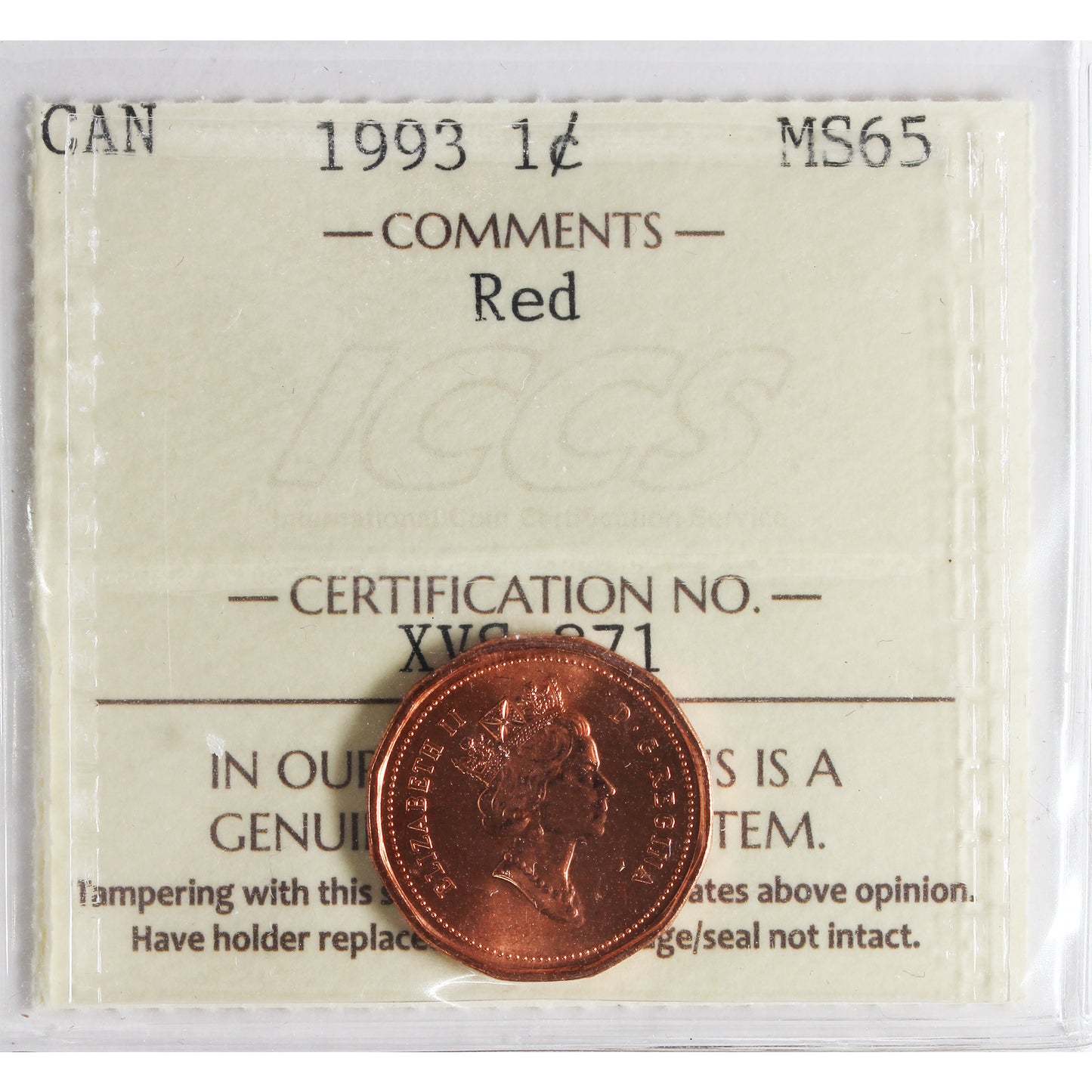 1993 Canada 1-cent ICCS Certified MS-65 Red