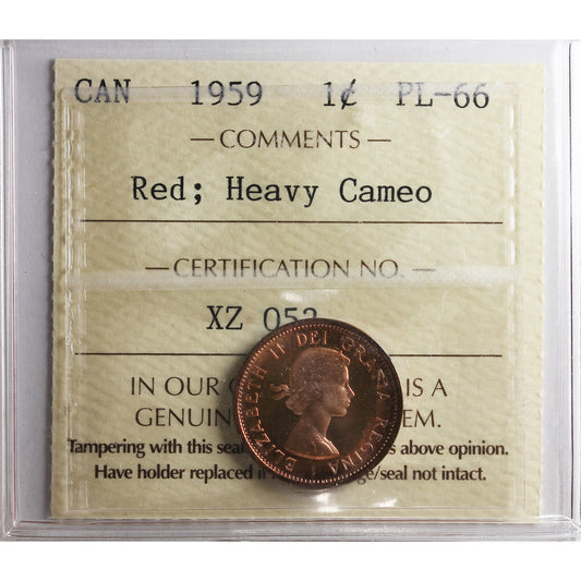 1959 Canada 1-cent ICCS Certified PL-66 Red; Heavy Cameo