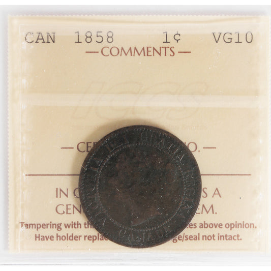 1858 Canada 1-cent ICCS Certified VG-10