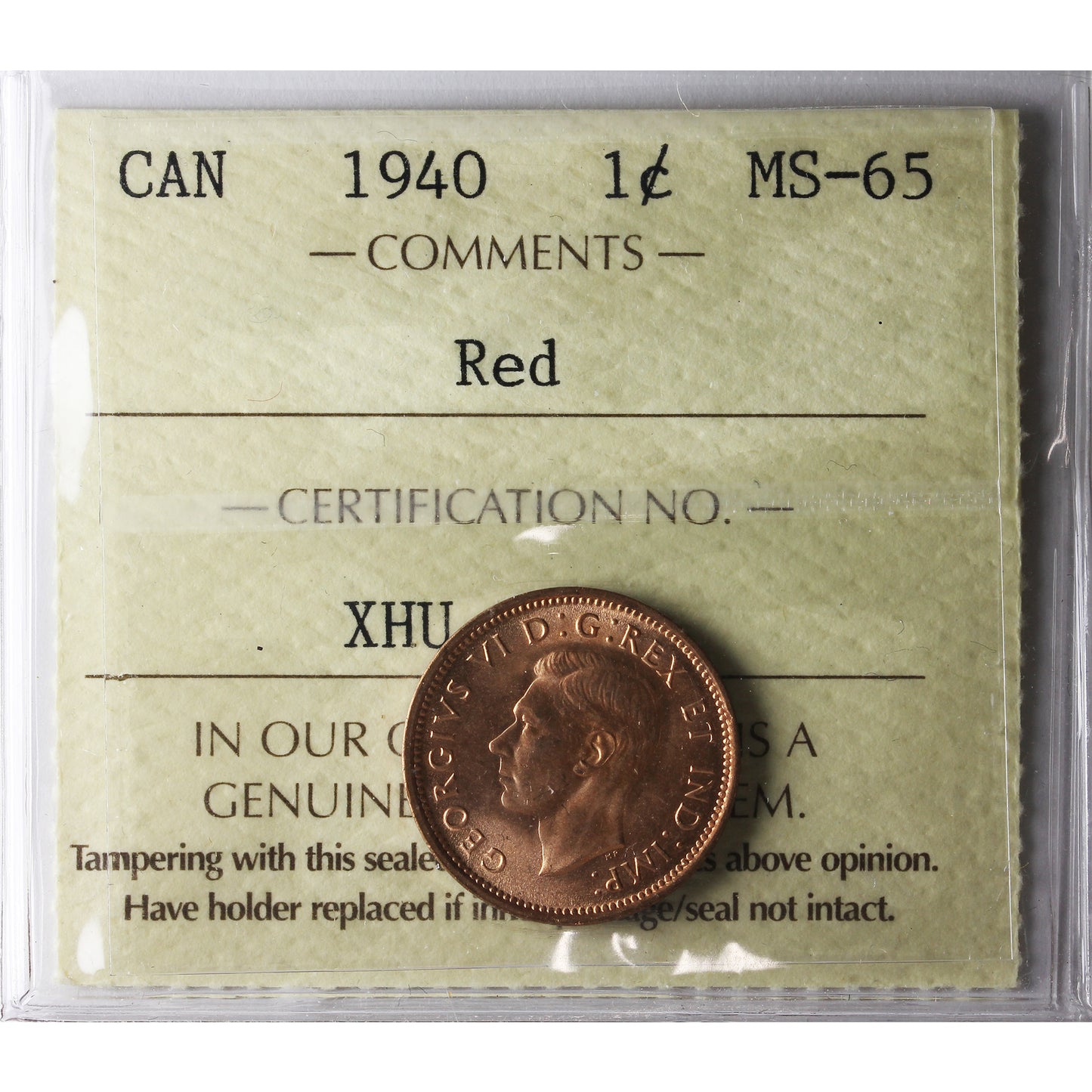 1940 Canada 1-cent ICCS Certified MS-65 Red