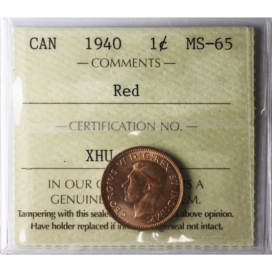 1940 Canada 1-cent ICCS Certified MS-65 Red