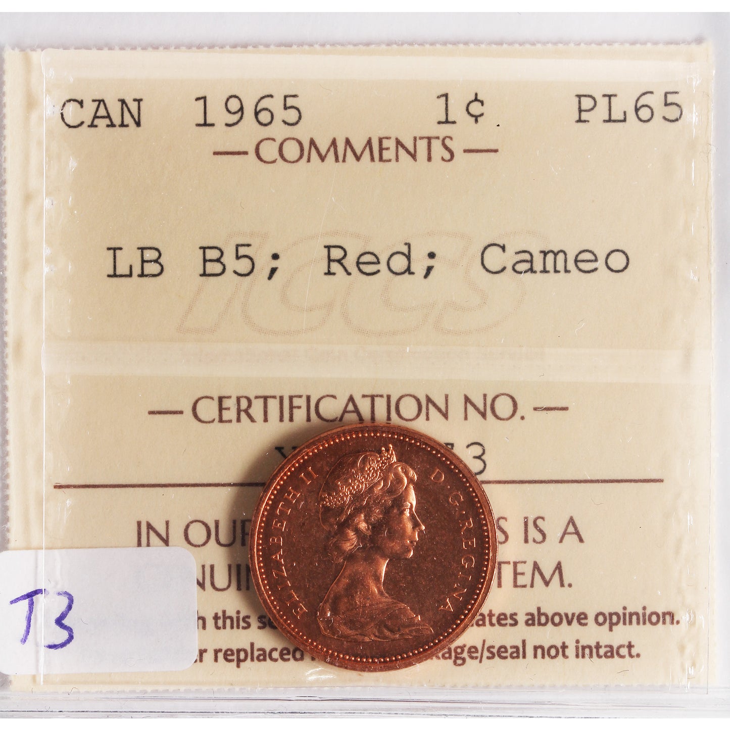 1965 LgBds Bl 5 (Type 3) Canada 1-cent ICCS Certified PL-65 Red, Cameo