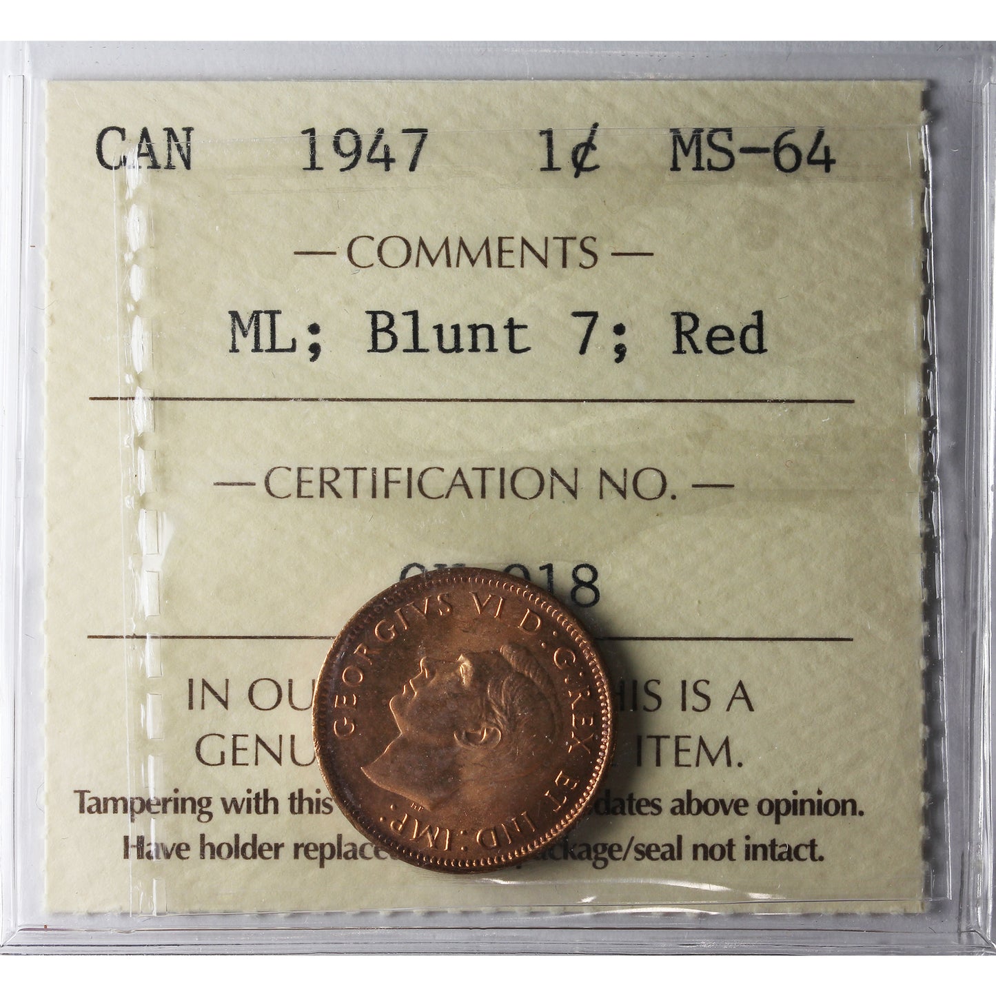 1947 Maple Leaf Blunt 7 Canada 1-cent ICCS Certified MS-64 Red