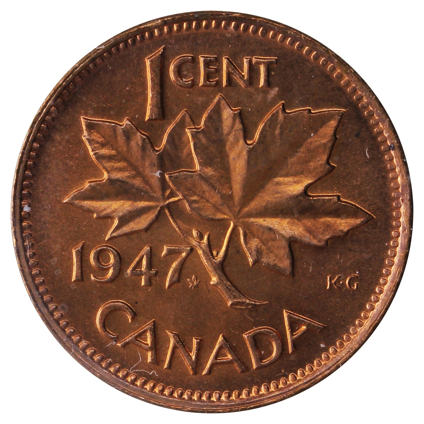 1947 Maple Leaf Blunt 7 Canada 1-cent ICCS Certified MS-64 Red