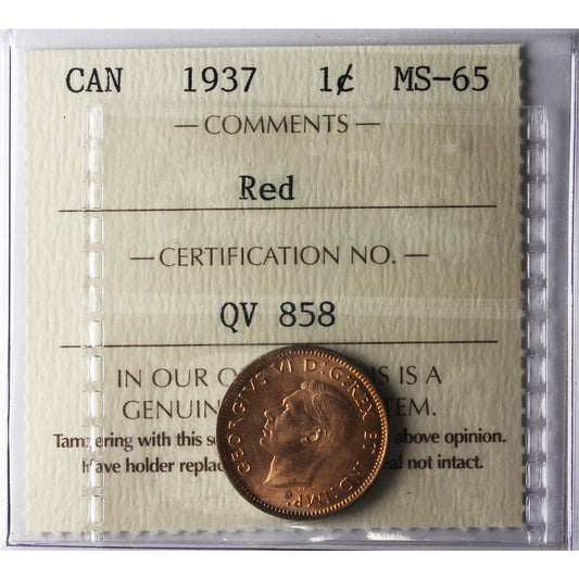 1937 Canada 1-cent ICCS Certified MS-65 Red