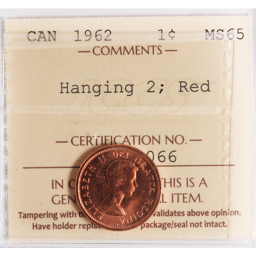 1962 Hanging 2 Canada 1-cent ICCS Certified MS-65 Red