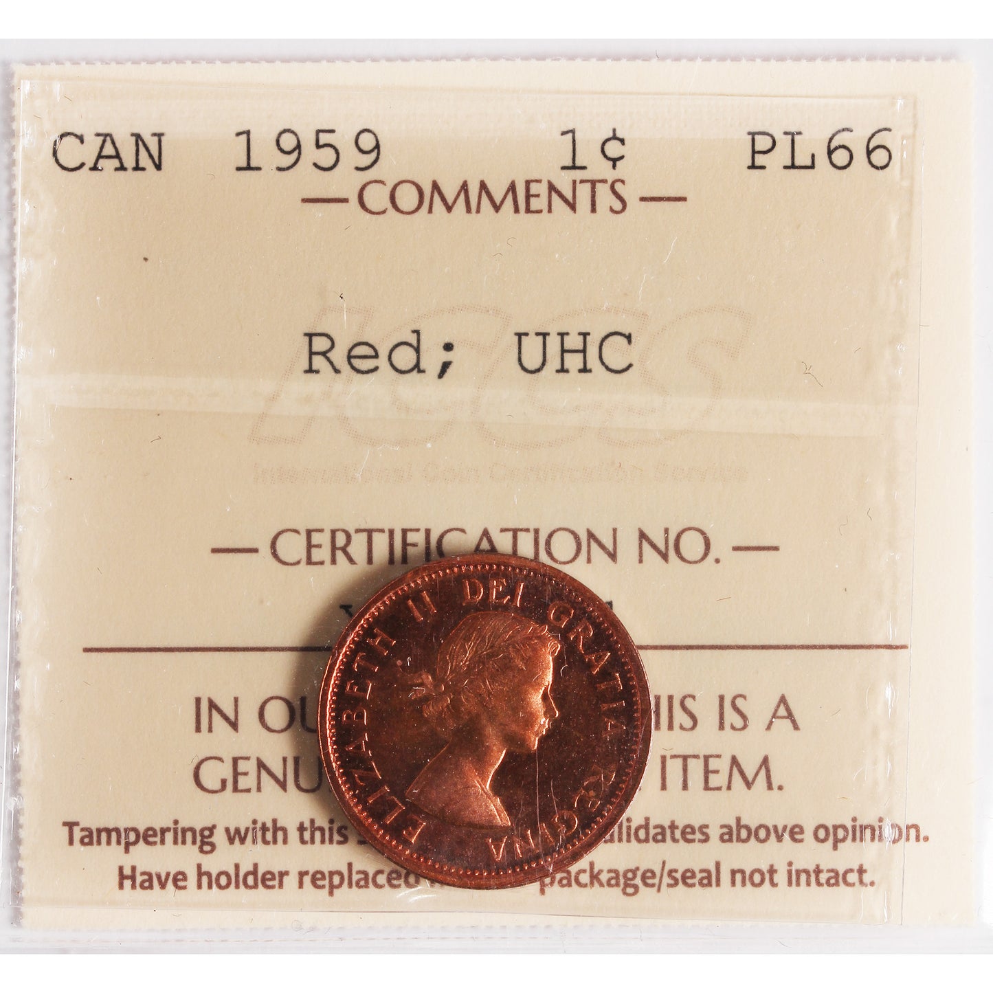 1959 Canada 1-cent ICCS Certified PL-66 Red; UHC