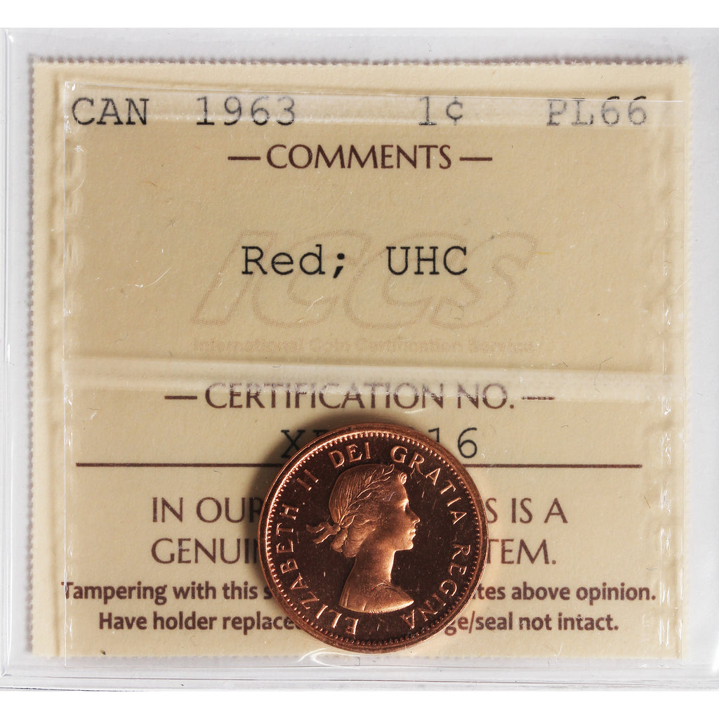 1963 Canada 1-cent ICCS Certified PL-66 Red; Ultra Heavy Cameo