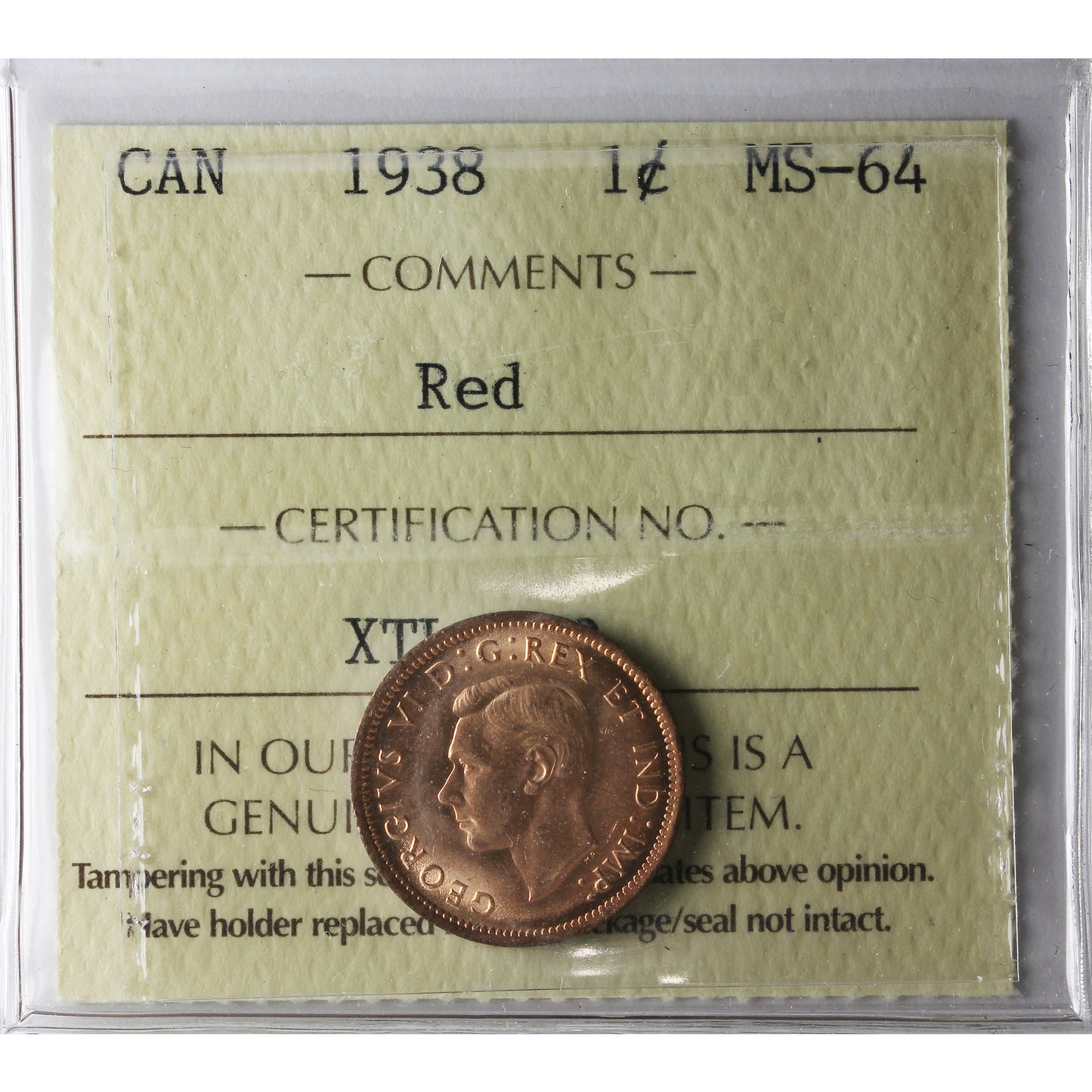 1938 Canada 1-cent ICCS Certified MS-64 Red