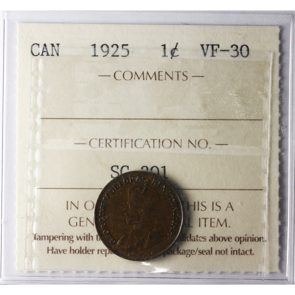 1925 Canada 1-cent ICCS Certified VF-30