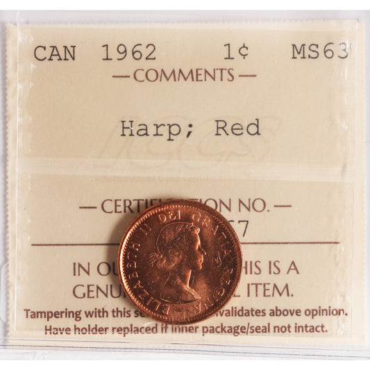 1962 Harp Canada 1-cent ICCS Certified MS-63 Red