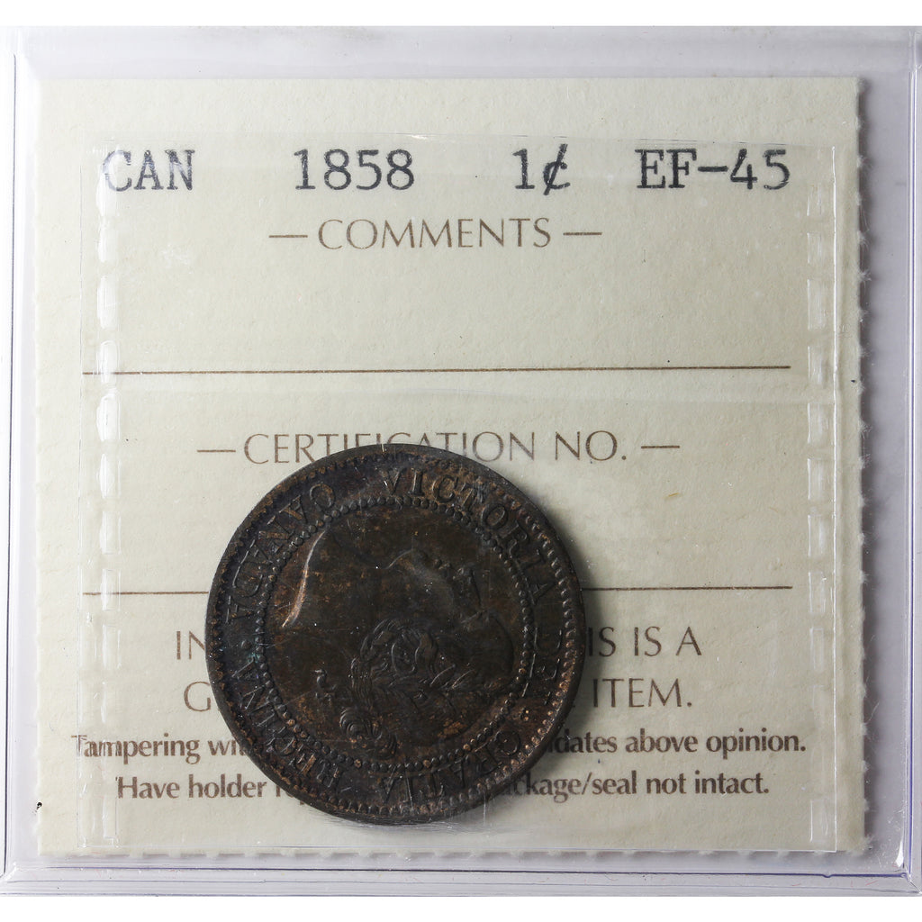 1858 Canada 1-cent ICCS Certified EF-45