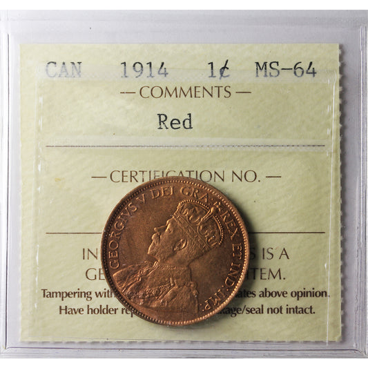 1914 Canada 1-cent ICCS Certified MS-64 Red (UT 877)