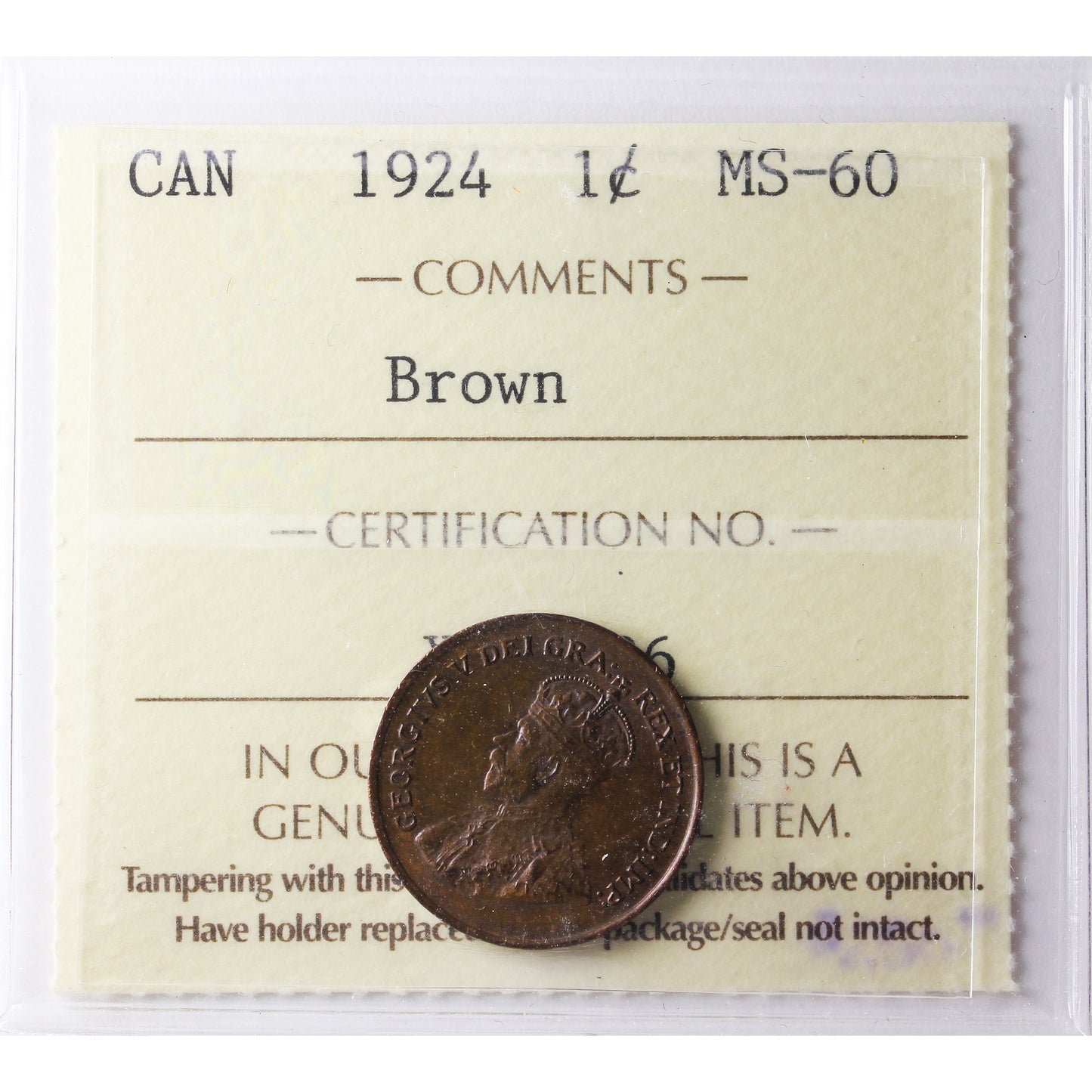 1924 Canada 1-cent ICCS Certified MS-60 Brown