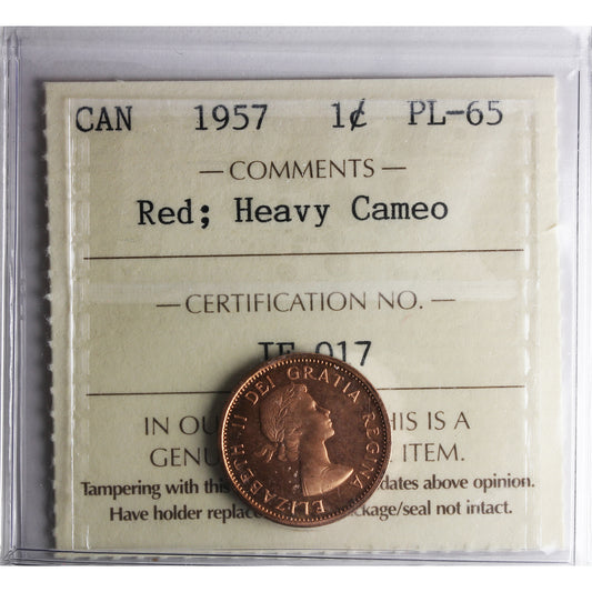 1957 Canada 1-cent ICCS Certified PL-65 Red; Heavy Cameo