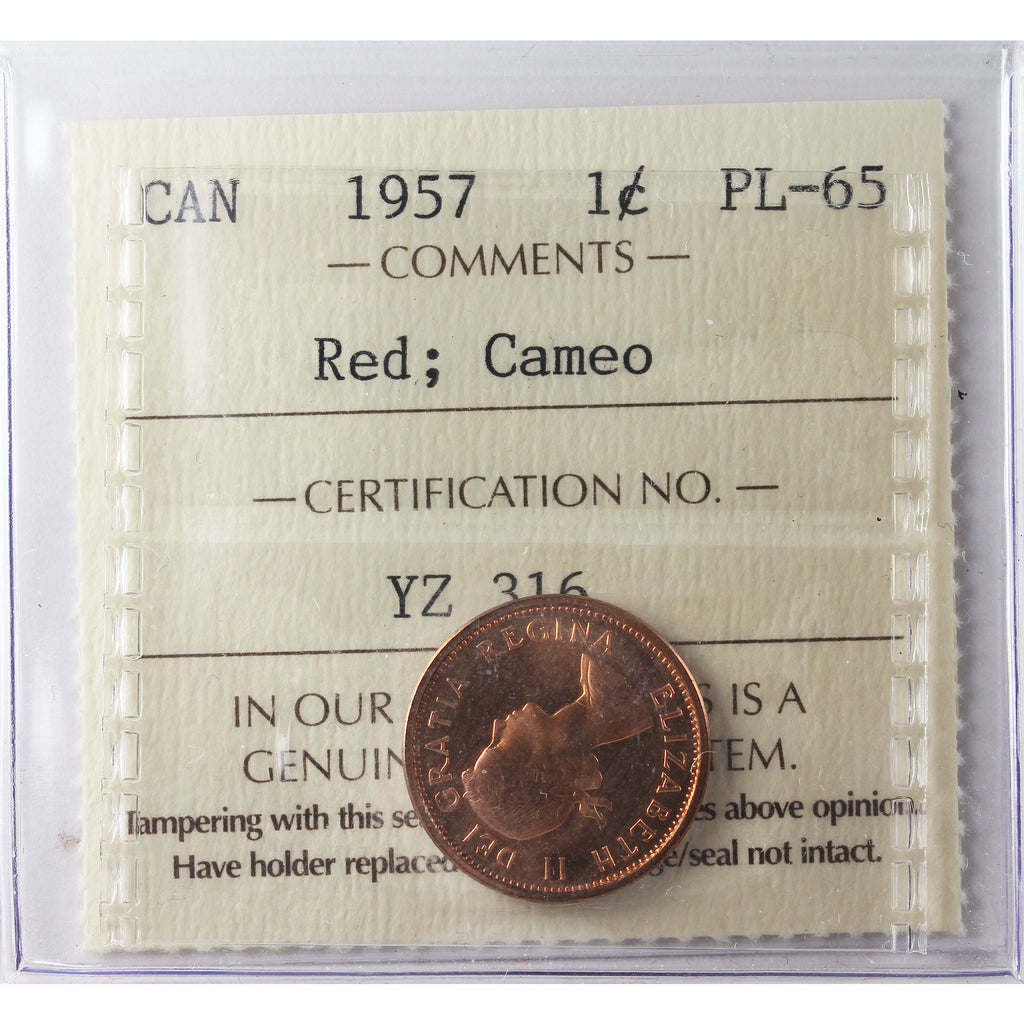 1957 Canada 1-cent ICCS Certified PL-65 Red; Cameo