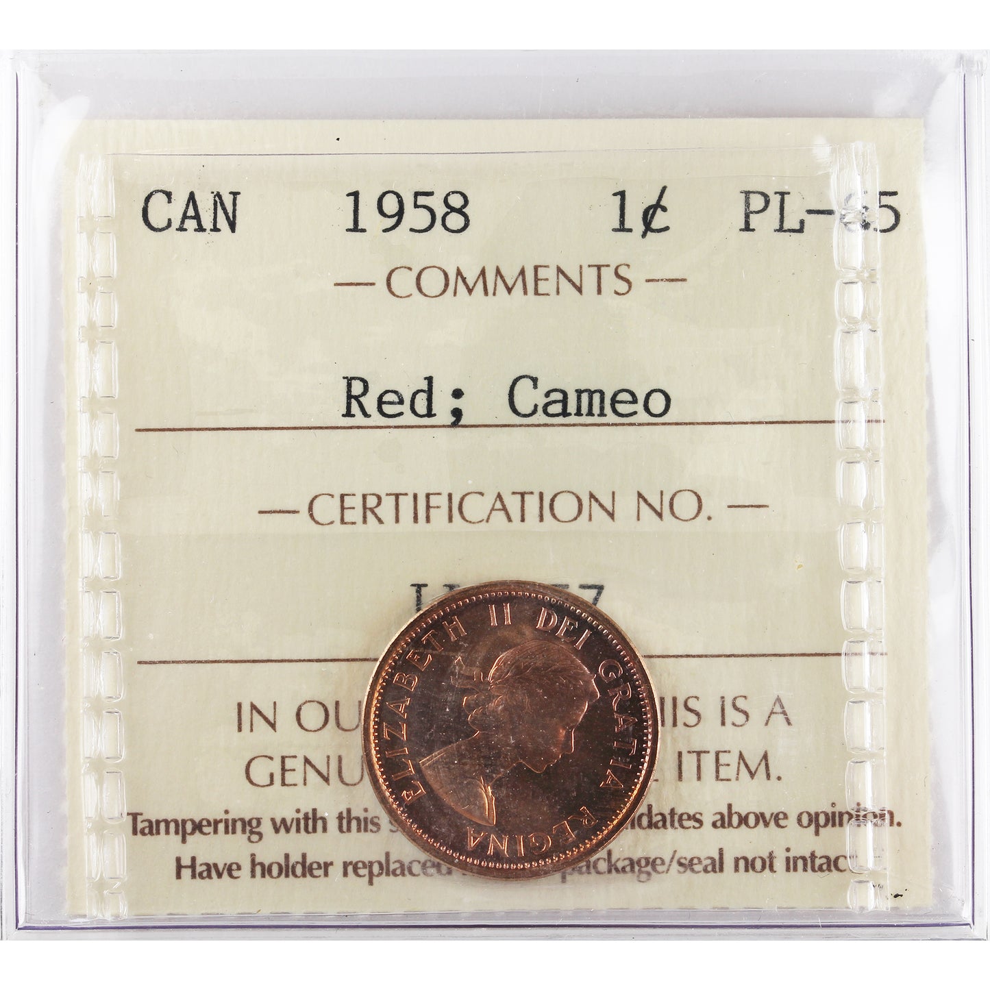 1958 Canada 1-cent ICCS Certified PL-65 Red; Cameo