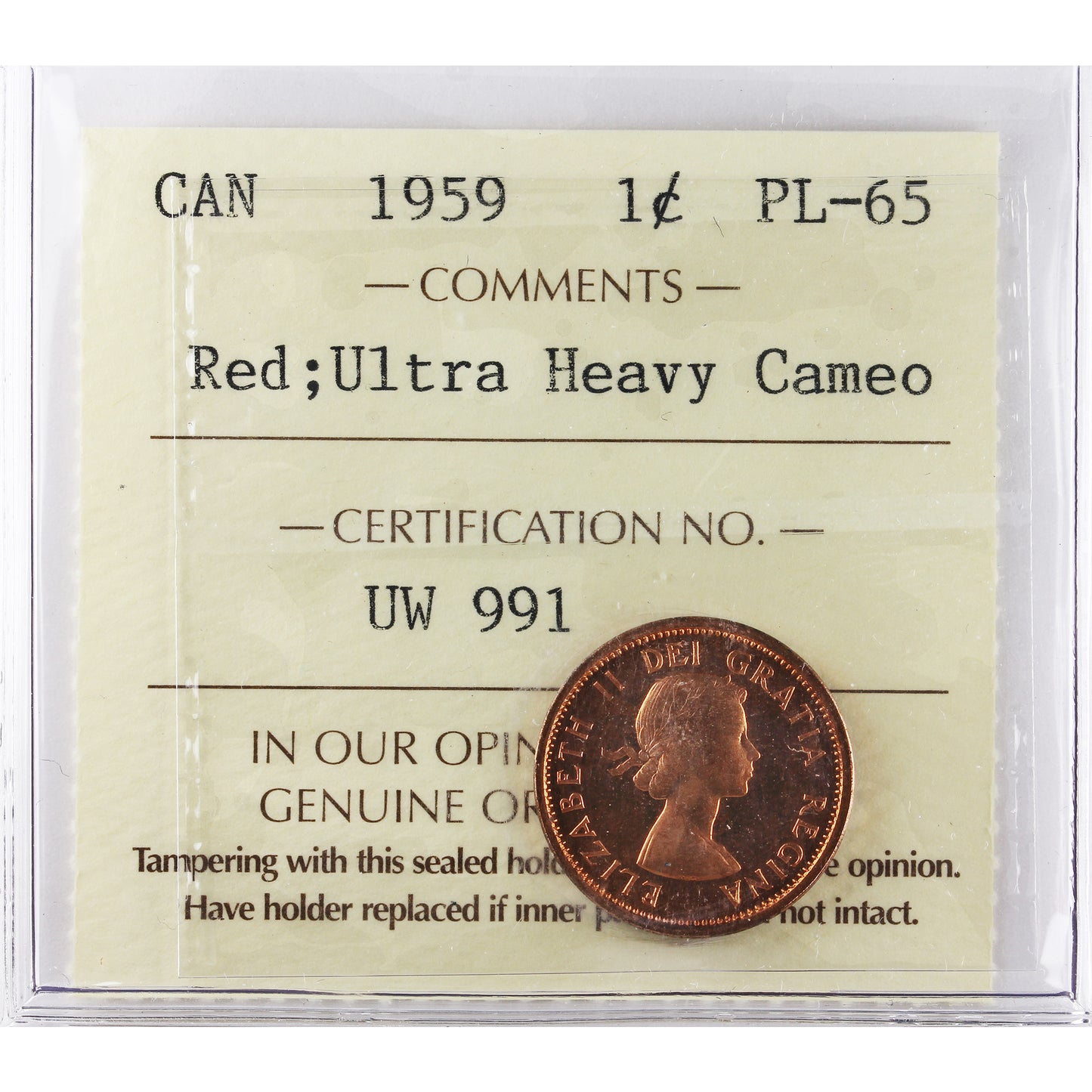 1959 Canada 1-cent ICCS Certified PL-65 Red; Ultra Heavy Cameo