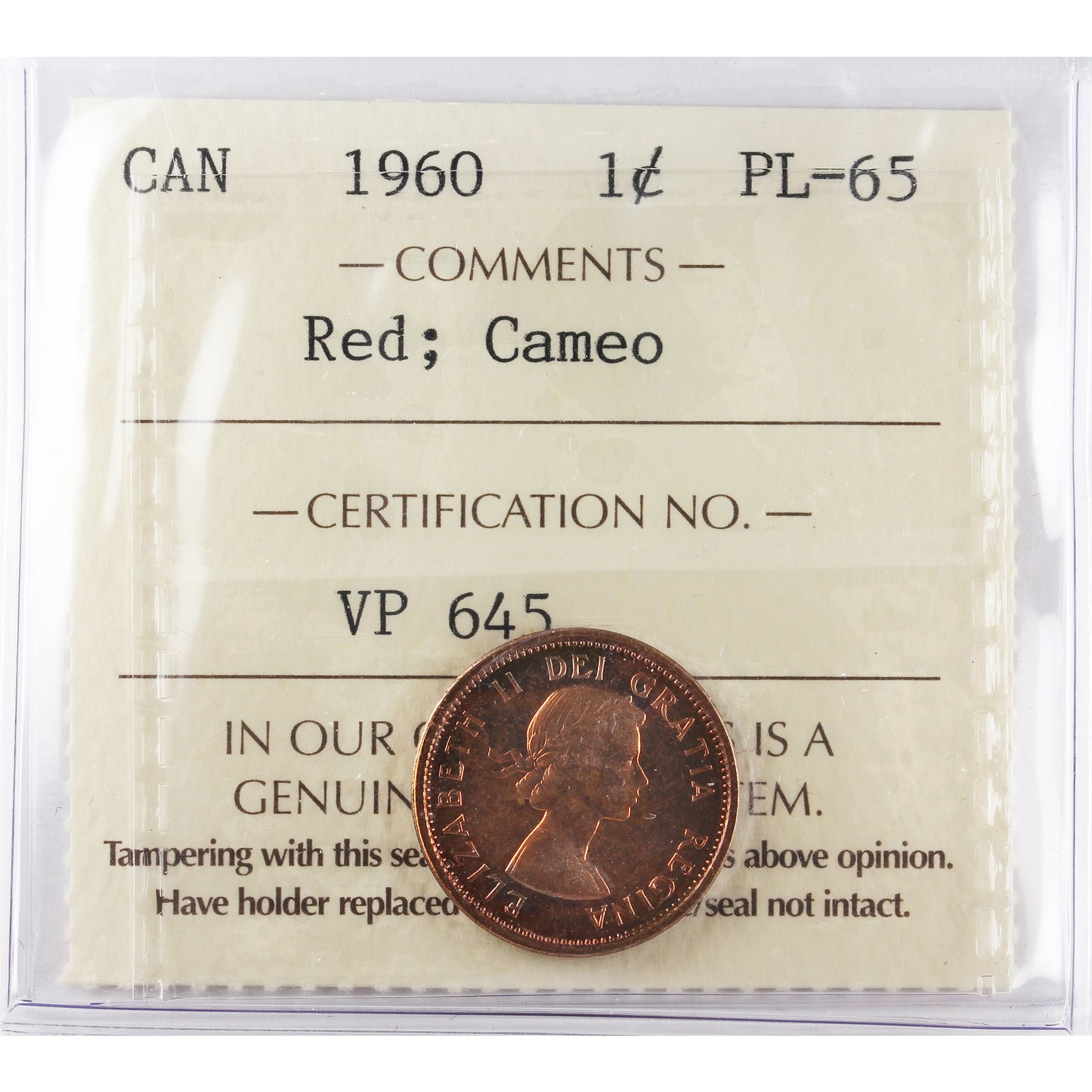 1960 Canada 1-cent ICCS Certified PL-65 Red; Cameo