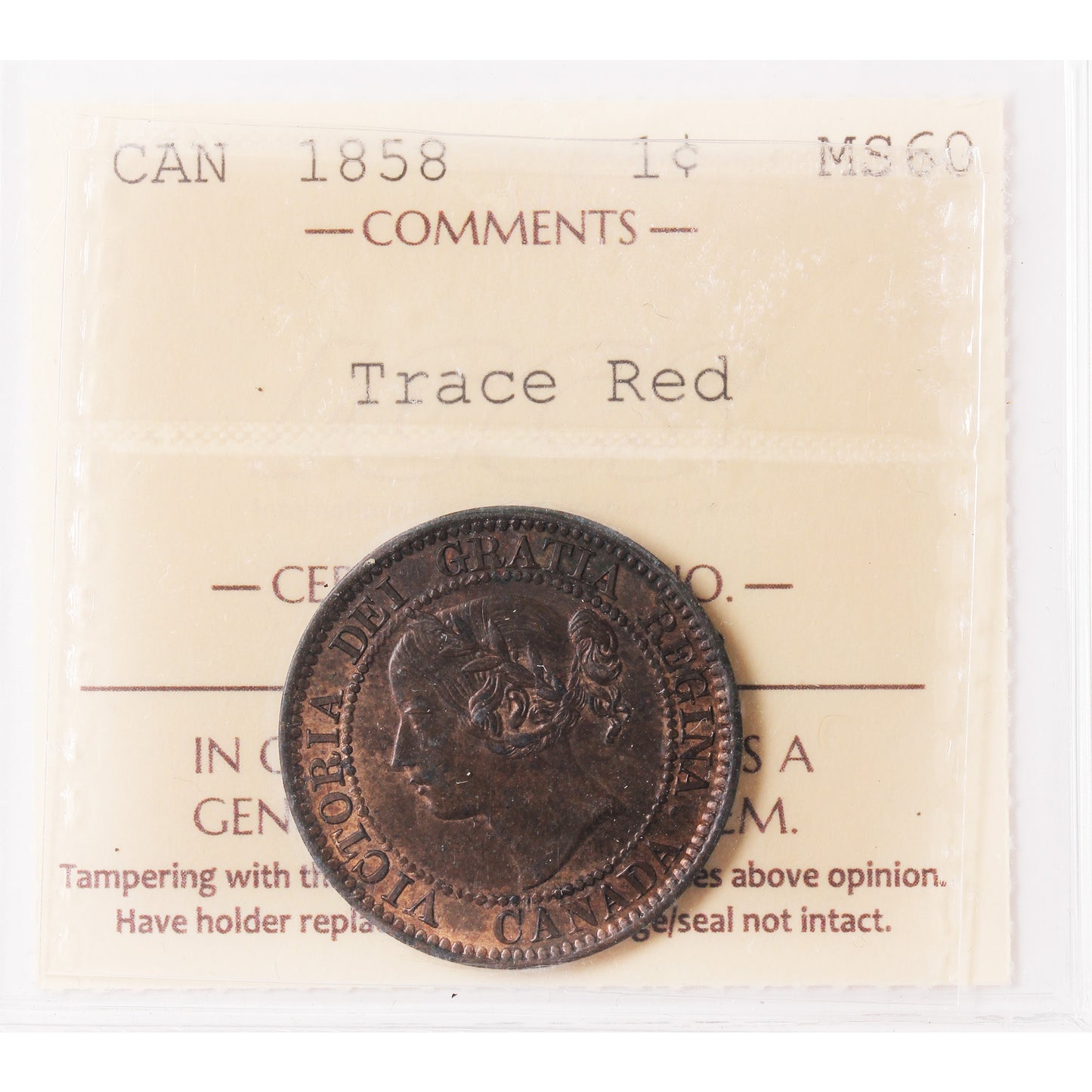 1858 Canada 1-cent ICCS Certified MS-60 Trace Red (XNW 832)