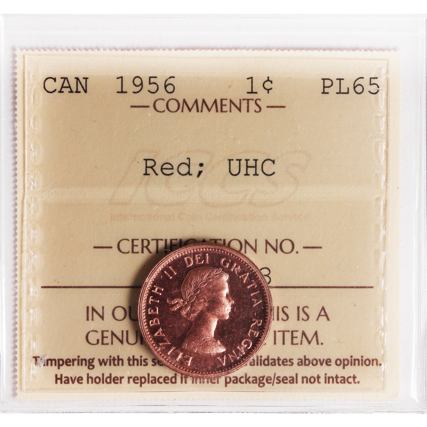 1956 Canada 1-cent ICCS Certified PL-65 Red, Ultra Heavy Cameo