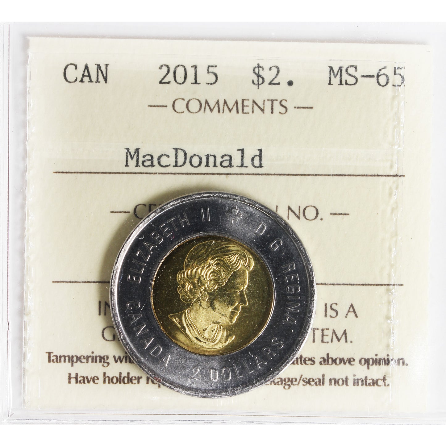 2015 John A. MacDonald Canada Two Dollar ICCS Certified MS-65