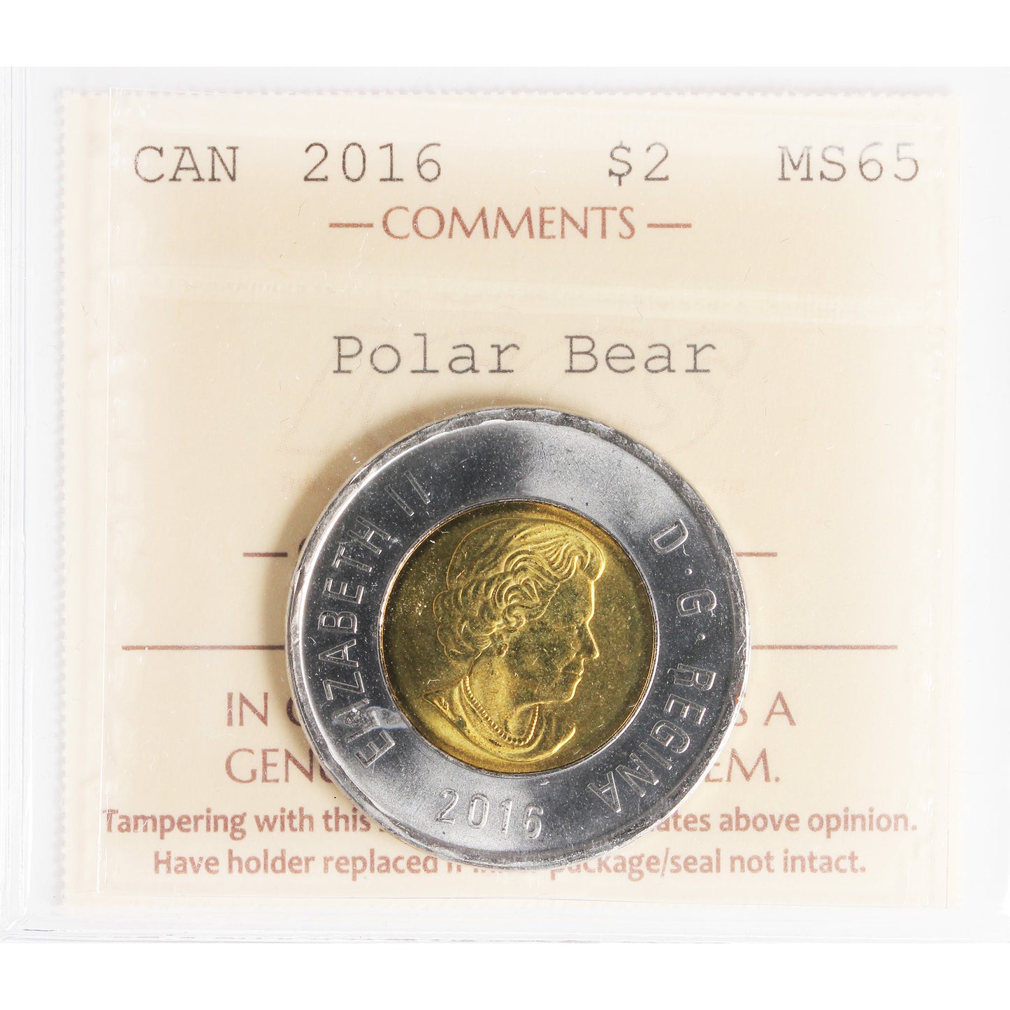 2016 Polar Bear Canada Two Dollar ICCS Certified MS-65