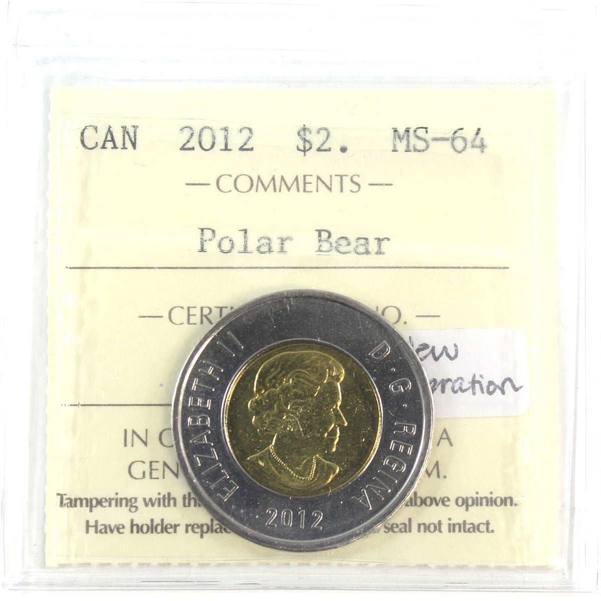 2012 New Generation/Security Canada Two Dollar ICCS Certified MS-64