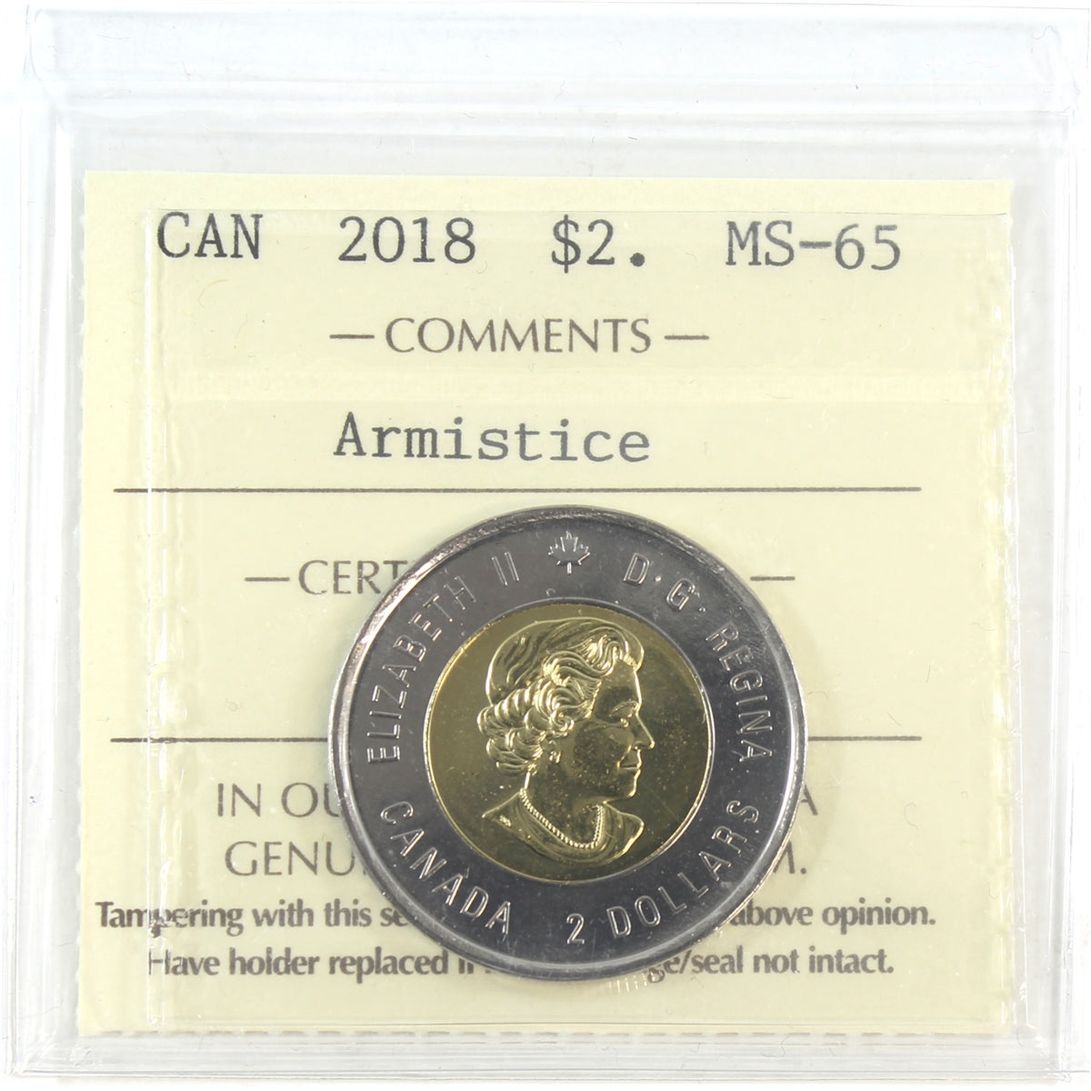 2018 Armistice Canada Two Dollar ICCS Certified MS-65