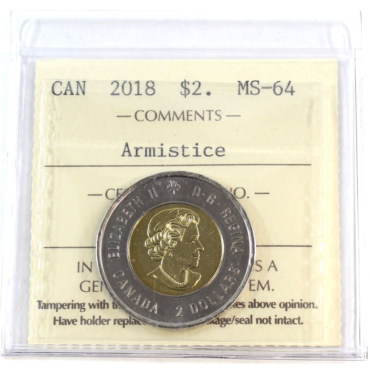 2018 Armistice Canada Two Dollar ICCS Certified MS-64