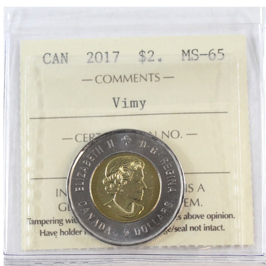 2017 Vimy Ridge Canada Two Dollar ICCS Certified MS-65