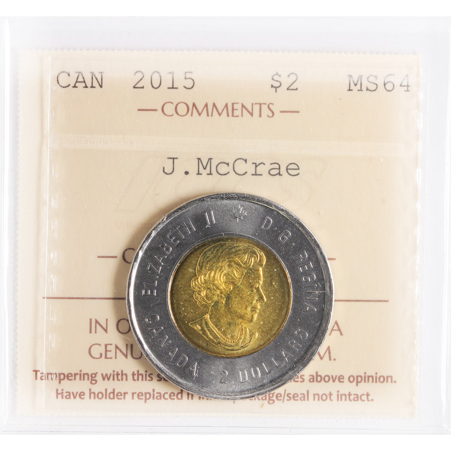 2015 John McCrae Canada Two Dollars ICCS Certified MS-64