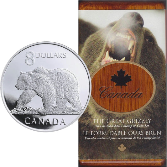 RDC 2004 Canada The Great Grizzly Bear $8 Coin and Stamp Set (heavy damage to sleeve and/or scratched capsule)