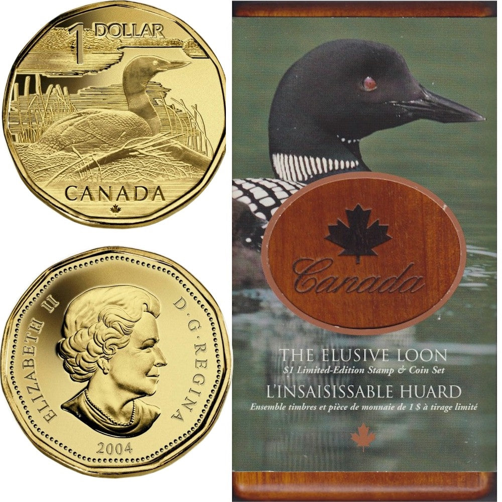 2004 Canada Elusive Loon Dollar Coin and Stamp Set (scuffed sleeve)