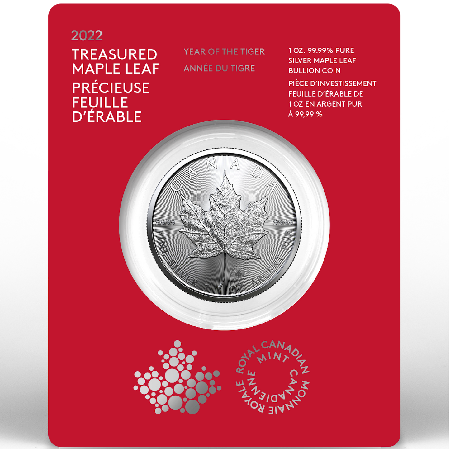 2022 Canada $5 Year of the Tiger Treasured Silver Maple Leaf 1oz. Fine Silver (No Tax)