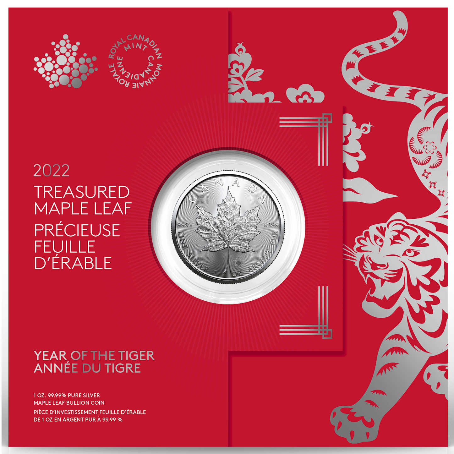 2022 Canada $5 Year of the Tiger Treasured Silver Maple Leaf 1oz. Fine Silver (No Tax)