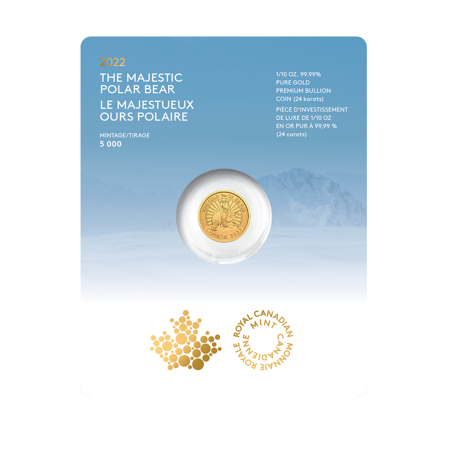 2022 Canada $5 The Majestic Polar Bear 1/10oz. Pure Gold (No Tax)