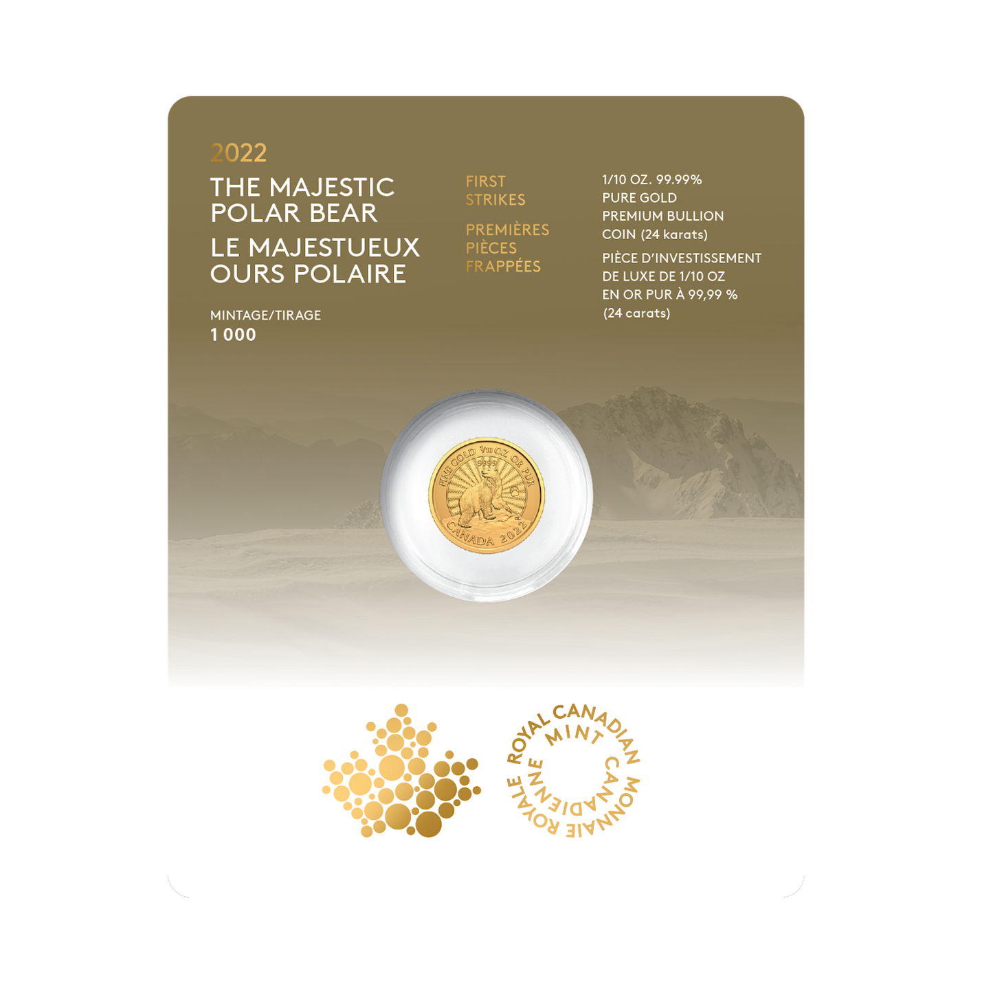 2022 Canada $5 First Strikes 1/10oz. The Majestic Polar Bear Pure Gold (No Tax)