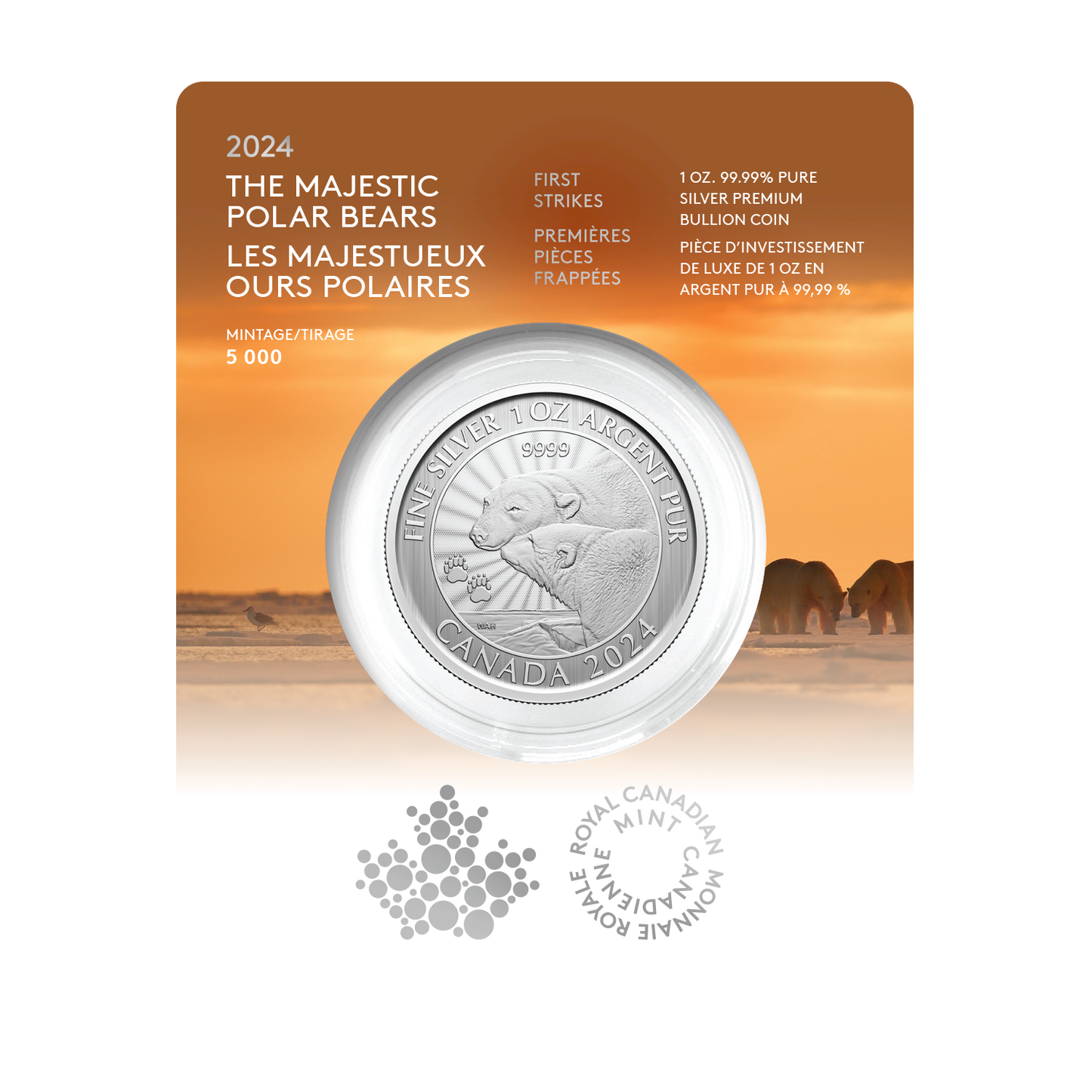 2024 Canada $5 First Strikes: Majestic Polar Bears Premium Bullion Fine Silver (No Tax)