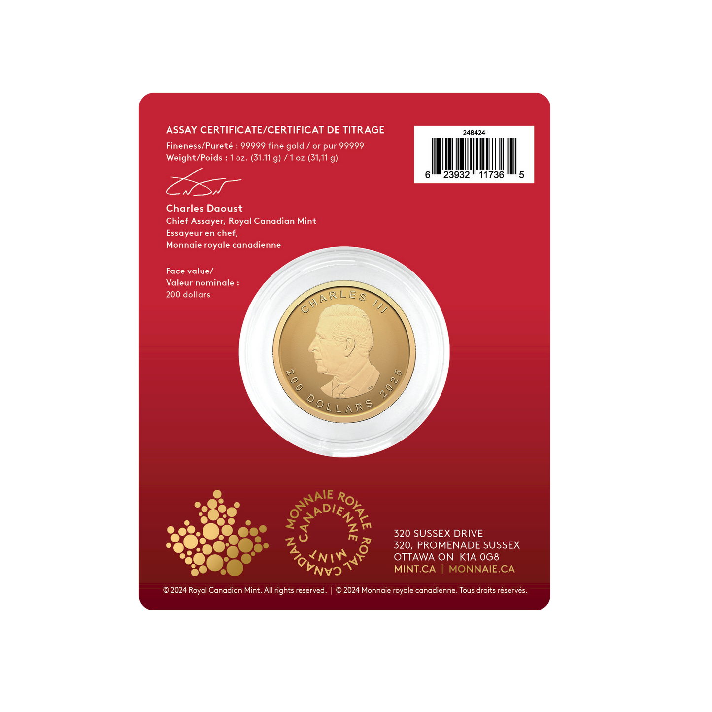 2025 Canada $200 Premium Bullion: Our Purest Maple Leaf 1oz. 99.999% Pure Gold (No Tax)