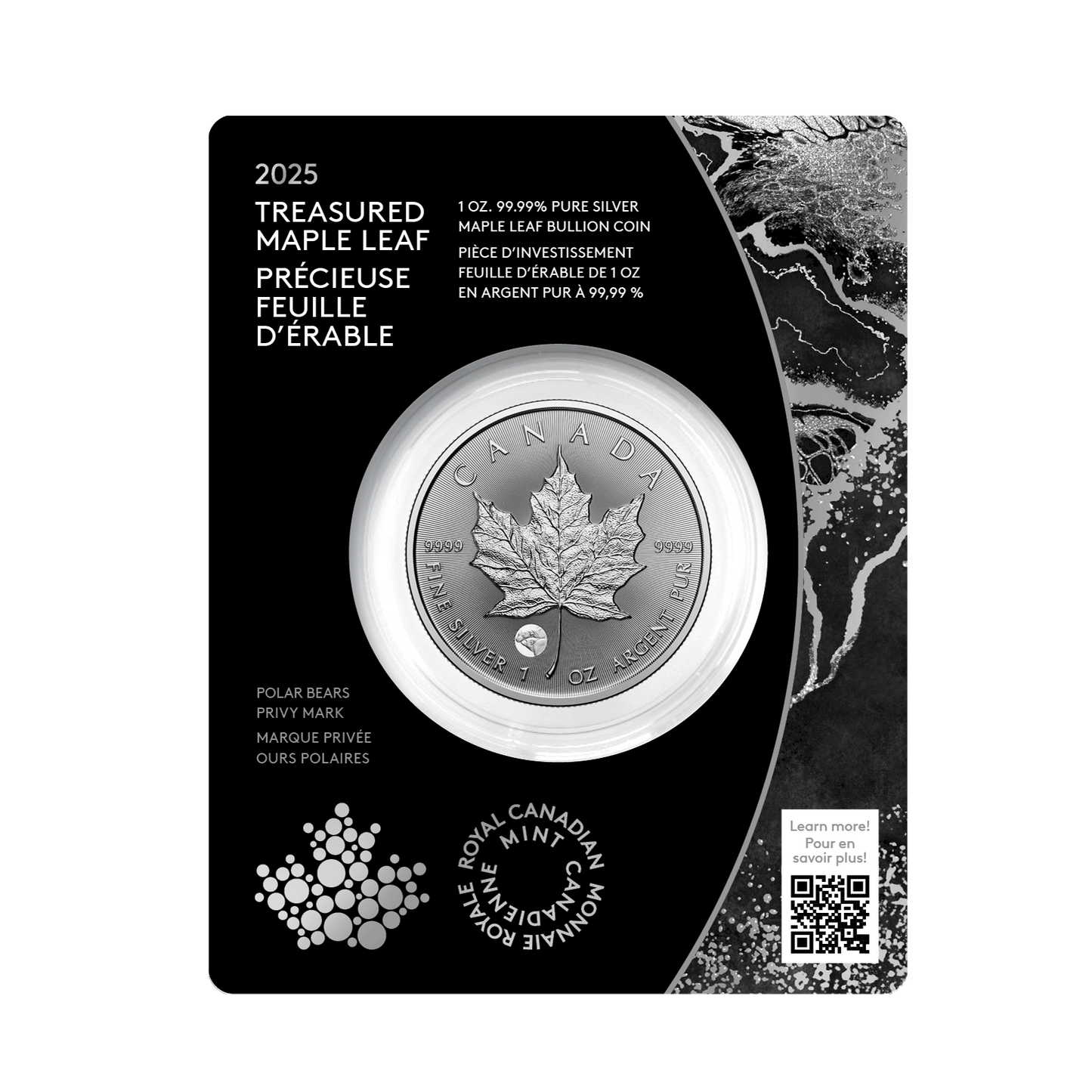 2025 Canada $5 Treasured Silver Maple Leaf: Polar Bears Privy Mark Pure Silver (No Tax)