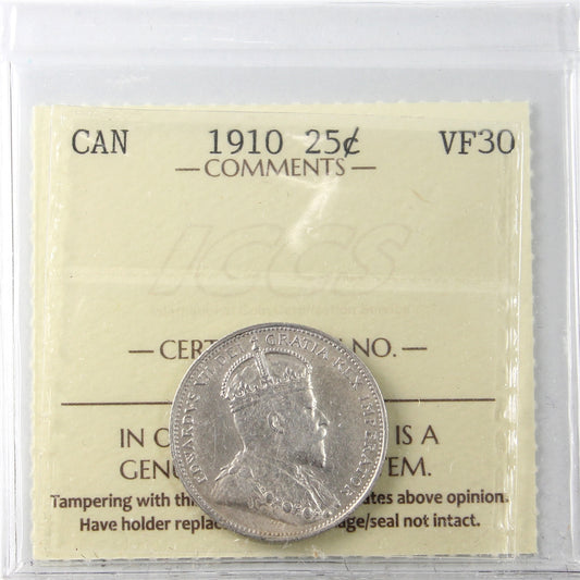 1910 Canada 25-cents ICCS Certified VF-30